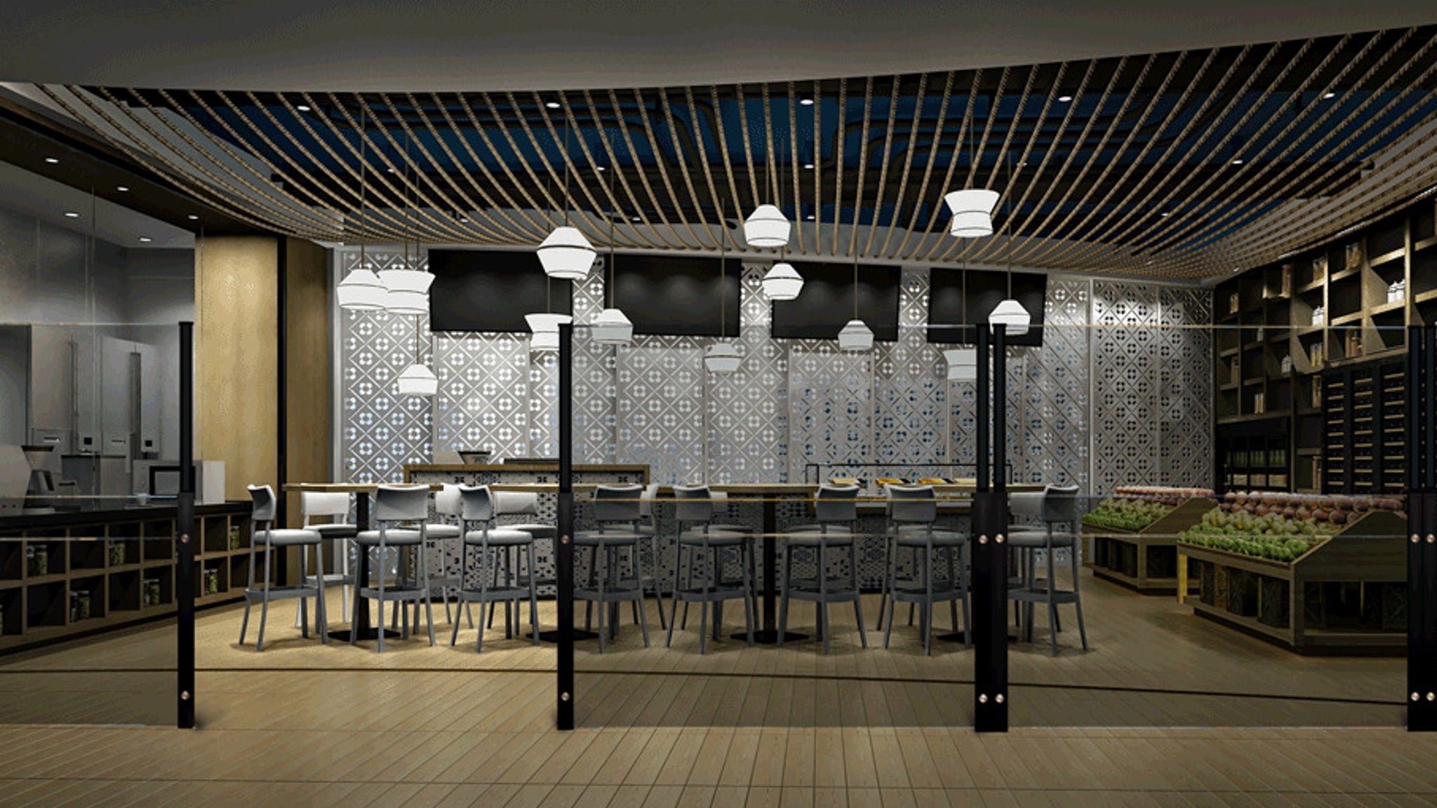 department store cafe sectioned with glass balustrades