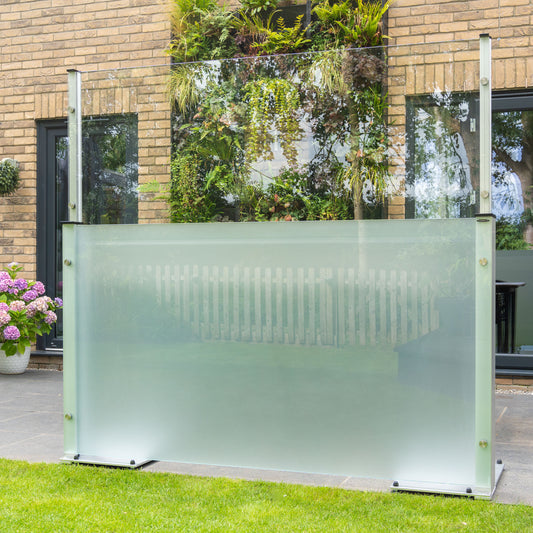Extended freestanding glass windbreaker the top panel is clear and bottom is frosted privacy glass