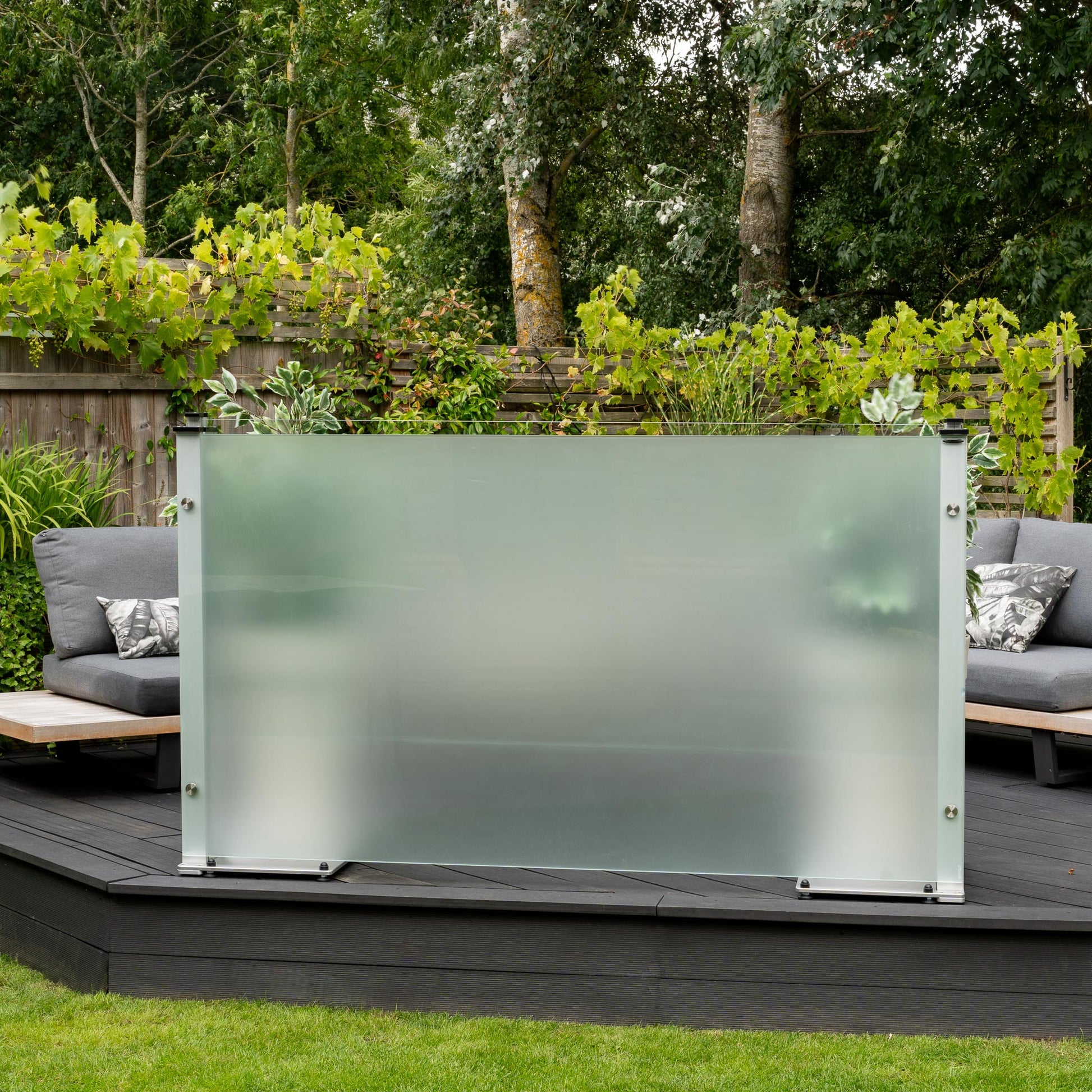 Frosted privacy glass freestanding balustrade with planter weights