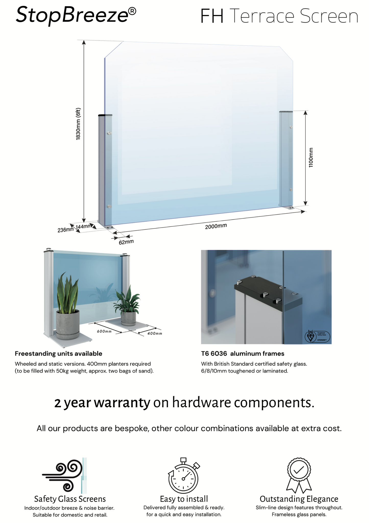 StopBreeze® FH (6ft fixed height) Clear or Tinted Glass