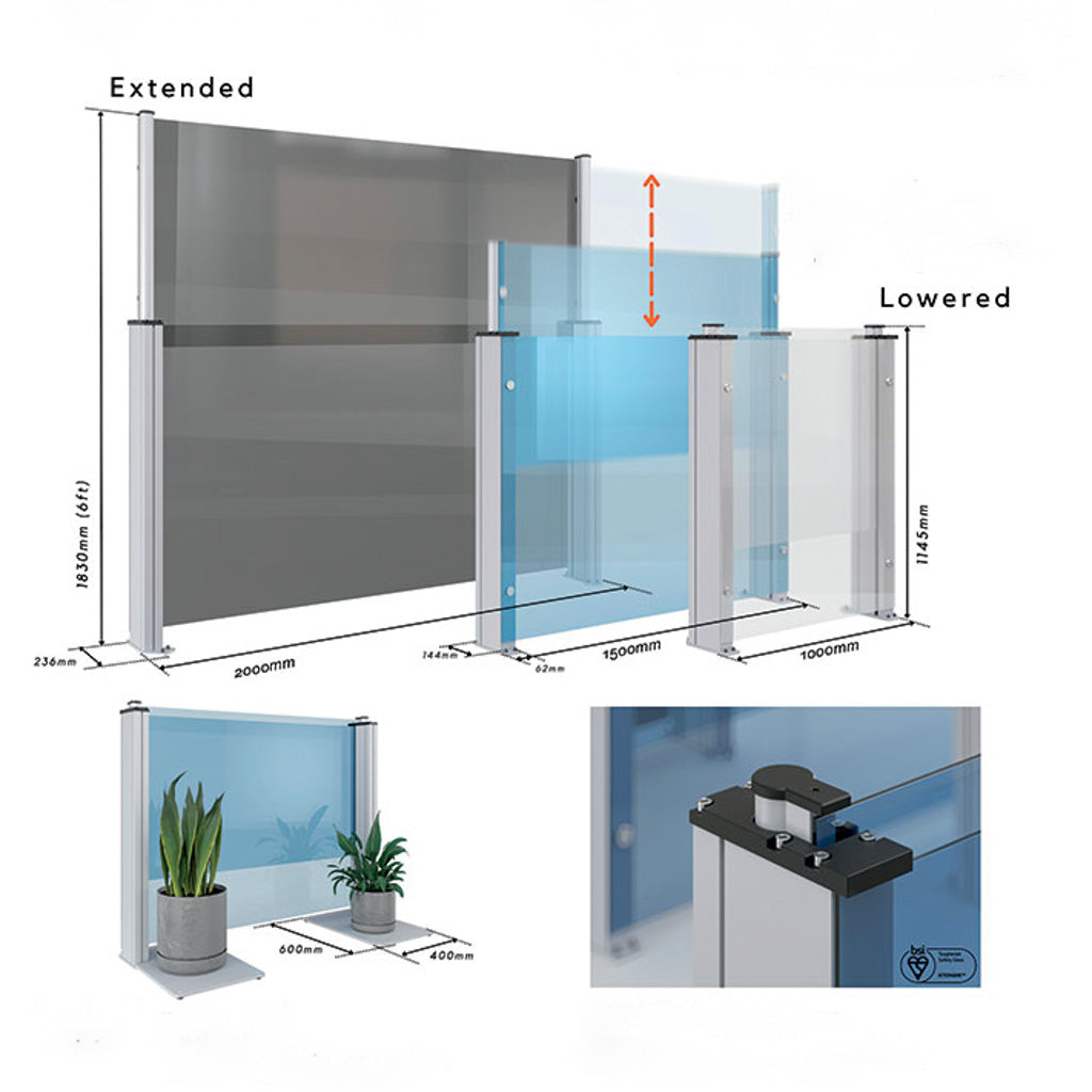 UV Protection Glass Retractable 6ft Freestanding Terrace Screen