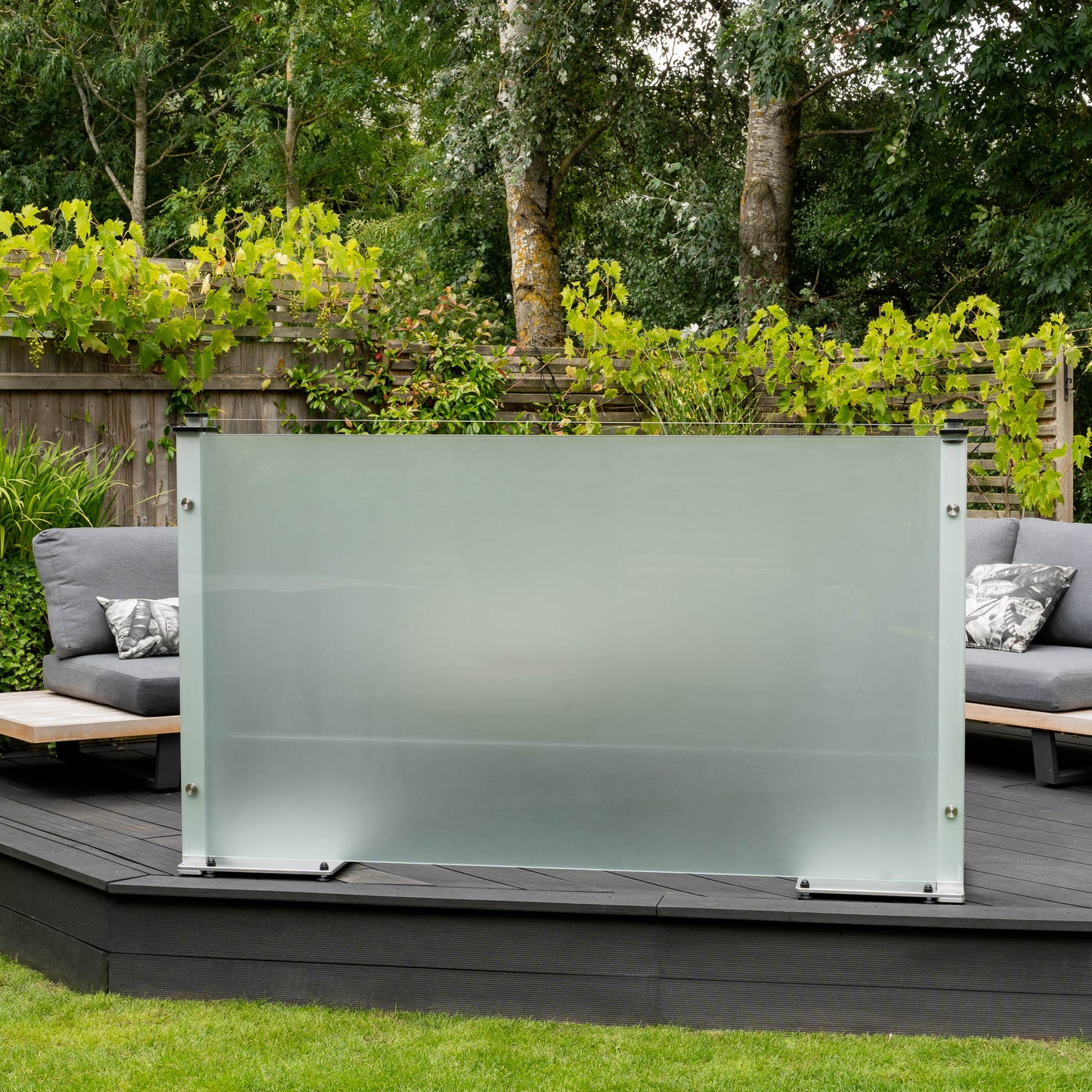frosted glass freestanding balustrade on a raised decked platform